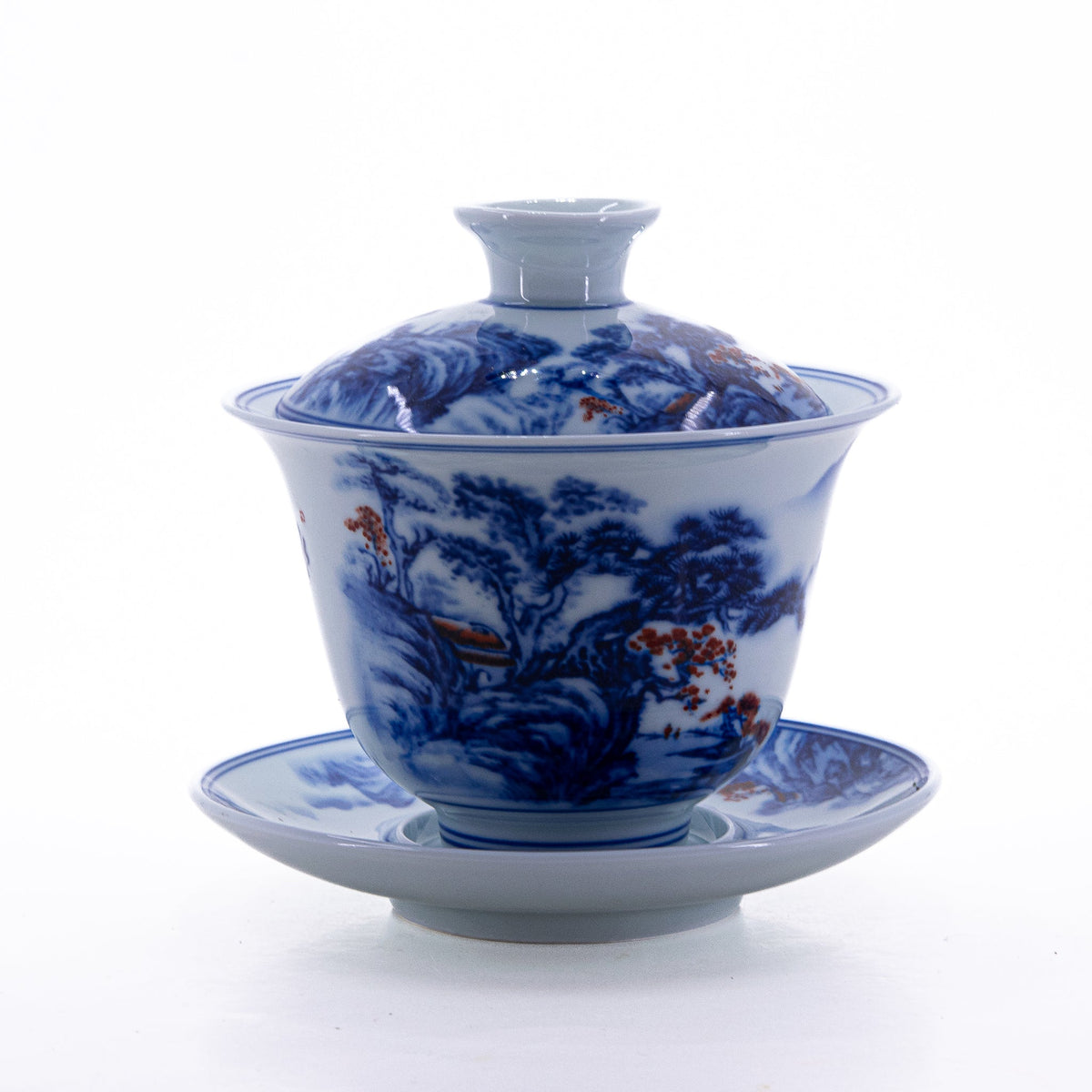 Blue and White Underglaze Red Porcelain Landscape Design Gaiwan #1a