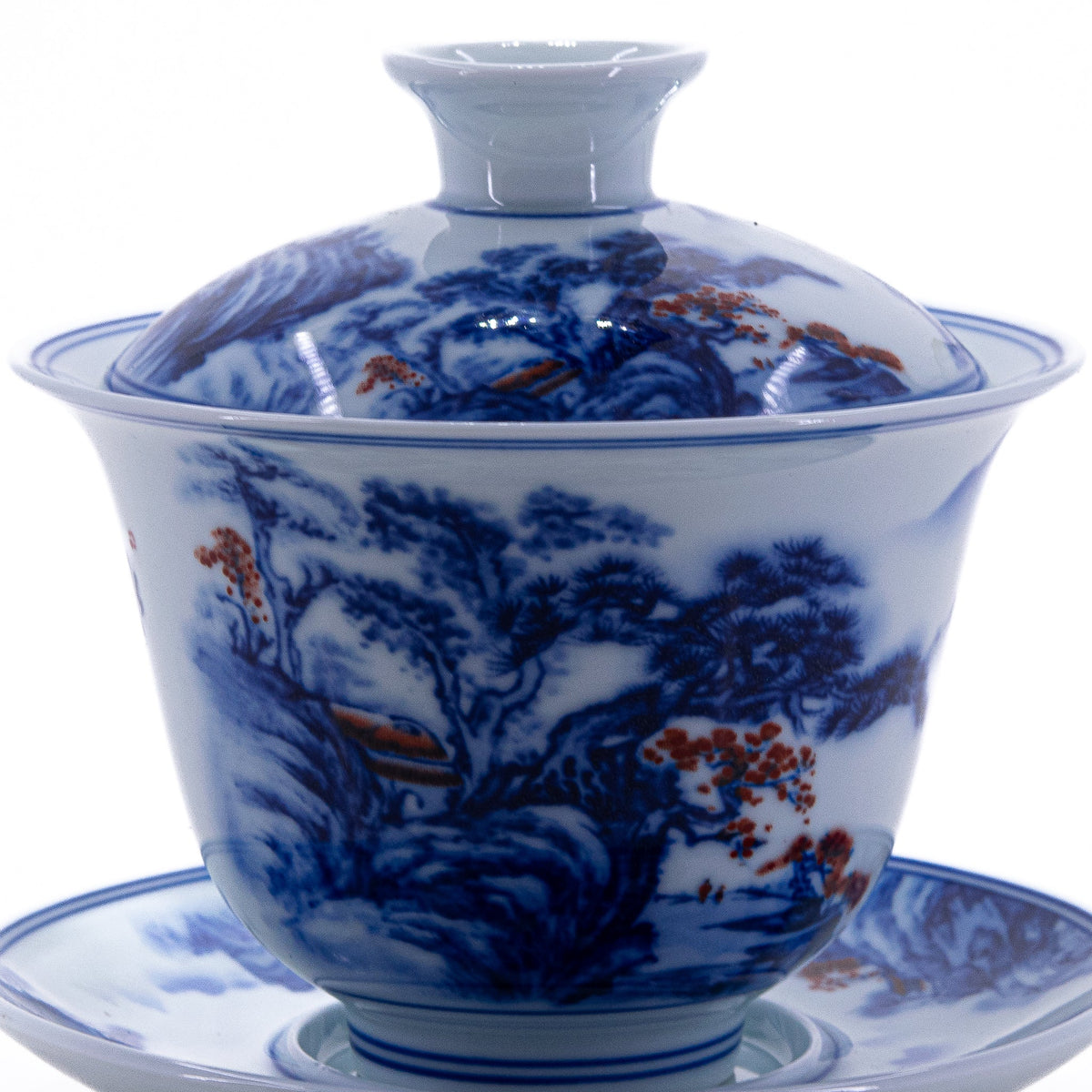 Blue and White Underglaze Red Porcelain Landscape Design Gaiwan #1a