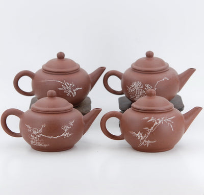 Yixing 1980's #8 Zini Flower and Poem Series Set of 4 Yixing Teapots - Mei Lan Zhu Qu (Plum, Orchid, Bamboo, Chrysanthemum)