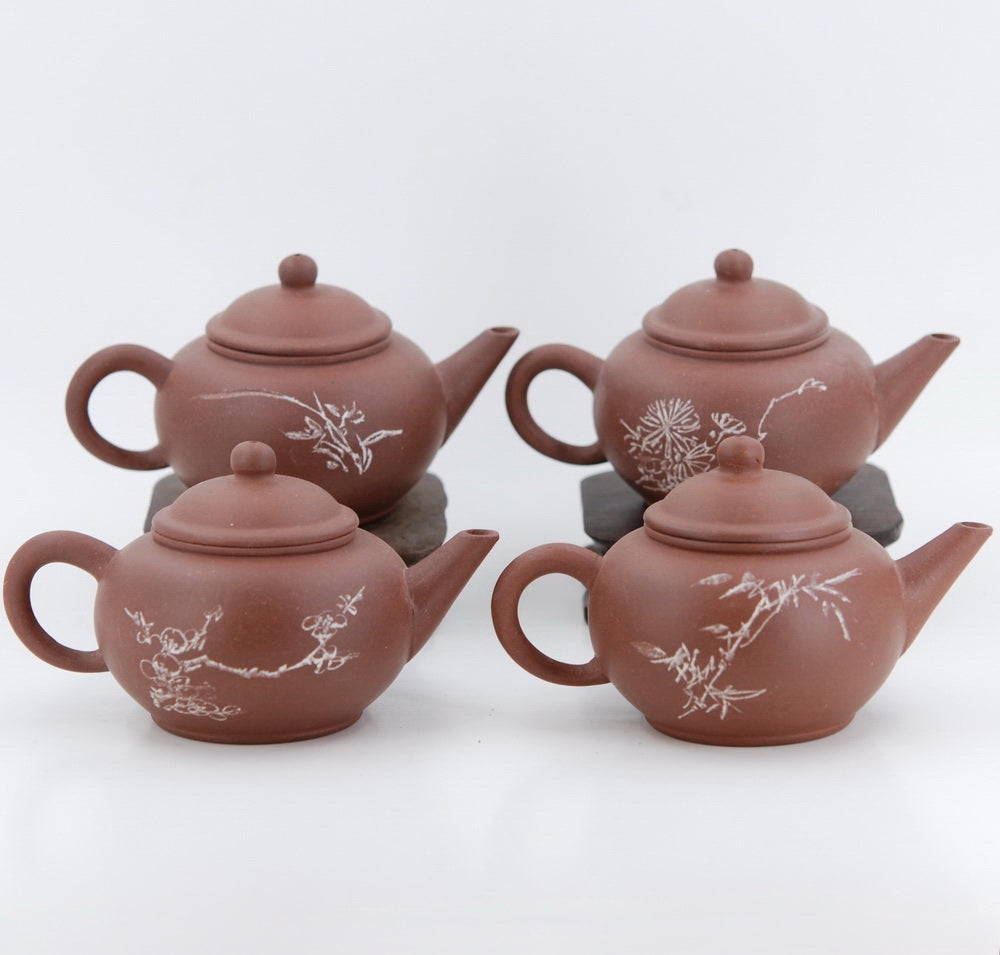 Yixing 1980's #6 Zini Flower and Poem Series Set of 4 Yixing Teapots - Mei Lan Zhu Qu (Plum, Orchid, Bamboo, Chrysanthemum)