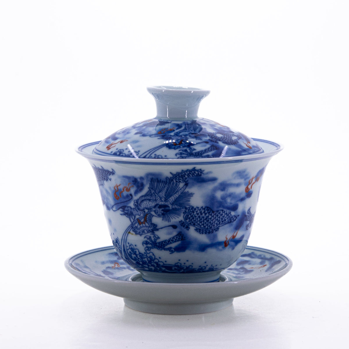 Blue and White Underglaze Red Porcelain Dragon Design Gaiwan #4a